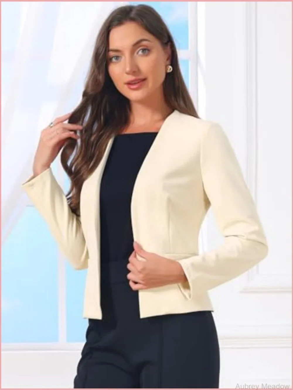 Womens Collarless Blazer Open Front Long Sleeve Suit Jacket Business Casual